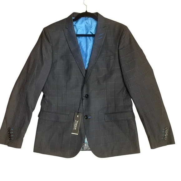 Maceoo Descartes Blazer Mens 40 Navy Blue Windowpane Check Sport Coat NEW